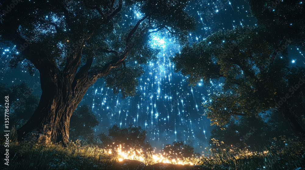Poster tree is surrounded by a field of stars and fire. the fire is glowing and the stars are twinkling in 