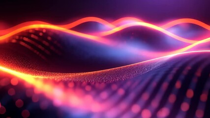 Dynamic digital landscape of glowing waves in red and blue hues with particle lights. Wallpaper High-resolution digital art. Technology and energy flow concept. - Powered by Adobe