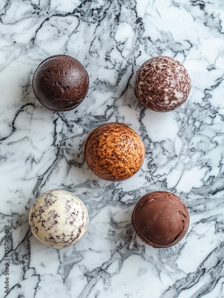 Poster artisan chocolate truffles placed on a marble surface with unique textures and cocoa dusting in a lu