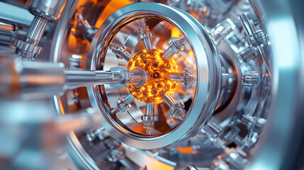 A detailed illustration of platinum catalysts inside a high-performance industrial machine, enhancing chemical reactions in an advanced manufacturing process.