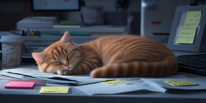Cozy cat napping on cluttered office desk with notes