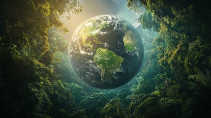 Fototapeta premium 3D rendering of the Earth floating in space, surrounded by lush green forests and vibrant wildlife, symbolizing environmental protection for Earth Day. 