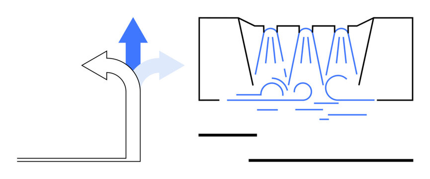 Fluid flow in diverging nozzle with arrows showing direction and redirection. Ideal for engineering, mechanics, physics, fluid dynamics, educational materials, technical diagrams, flat simple