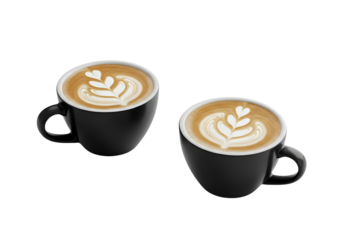 Two Elegant Black Cups of Coffee with Beautiful Latte Art on a White Background Perfect for Cafes, Coffee Shops, or Culinary Themes