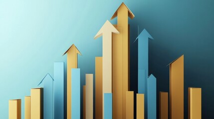 Modern business background featuring layered bar charts and upward arrows in gold and blue tones with smooth textures Generative AI