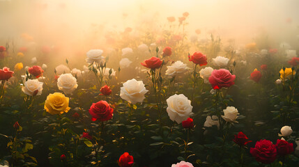 A dreamy, mist-covered rose field at sunrise, with red, white, yellow, and pink roses gently emerging through the soft fog.