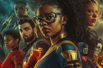 A movie poster featuring a superhero team with people of all races, genders, and abilities, breaking stereotypes