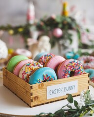 Colorful donuts in a wooden box with Easter decorations for a festive celebration