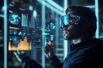 A remote worker using augmented reality glasses to interact with floating 3D data charts and graphs