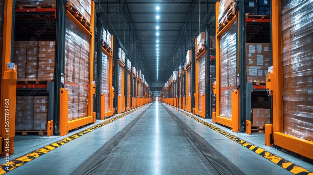 Poster A spacious warehouse shows organized rows of pallets stacked with cargo. The layout promotes efficient logistics and smooth inventory distribution for freight handling.