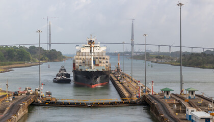 A ship approaches the Gatun locks, Panama Canal