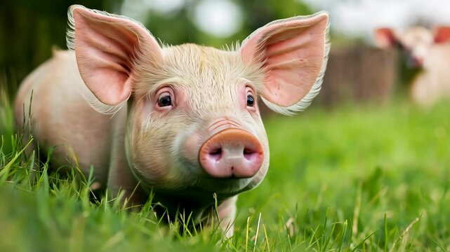A pig is laying in the grass. The pig has a pink nose and is looking at the camera.