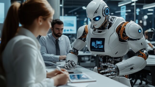 A team of human professionals and robots working together to build a startup in a futuristic office setting