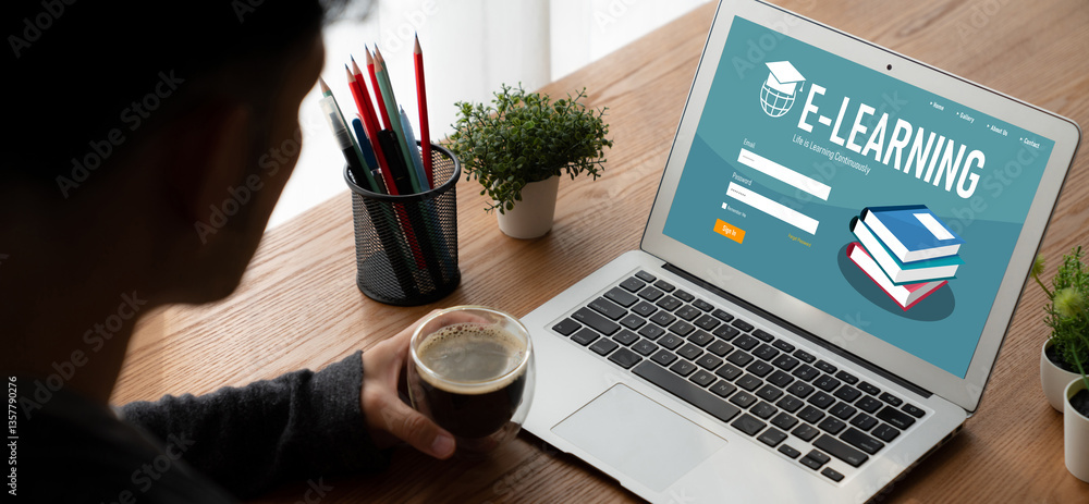 Poster e-learning website with modish sofware for student to study online on the internet network