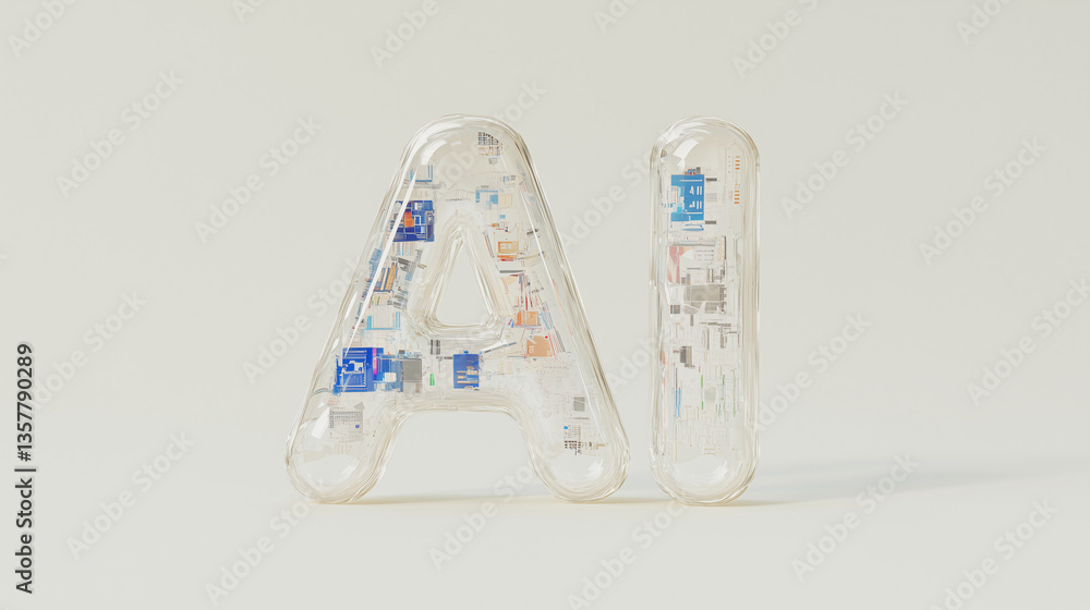 Poster ai letters: a close-up shot features transparent letters spelling 