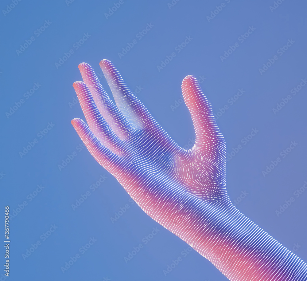 Poster digital hand in gradient light: a digital representation of a hand, crafted from countless small com