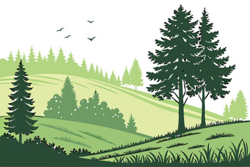 Fototapeta premium 8 Lush green hilltop, dense pine forest, evergreen trees, rolling grassy meadow, isolated landscape, vibrant nature, panoramic view, serene wilderness, sunlit glade, natural border, coniferous treelin