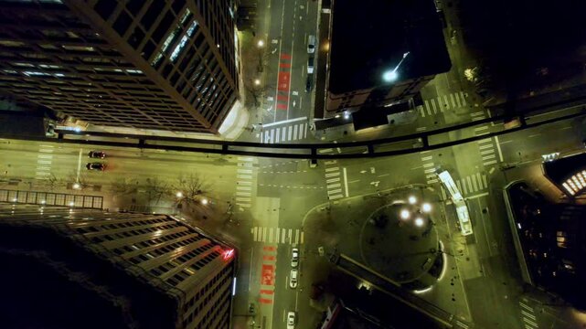 Drone Top View of City Bus Ride at Night