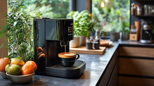 Modern coffee machine making cappuccino in a kitchen with plants. Use Stock photo for home appliance advertising
