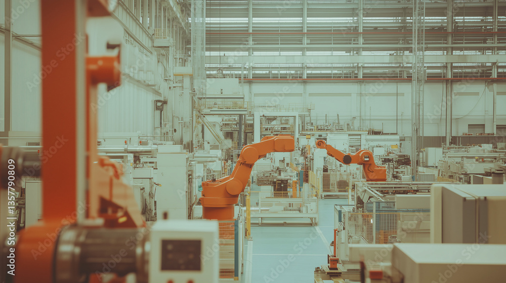 Poster robotic precision: automated arms working diligently in a modern factory environment, signifying tec