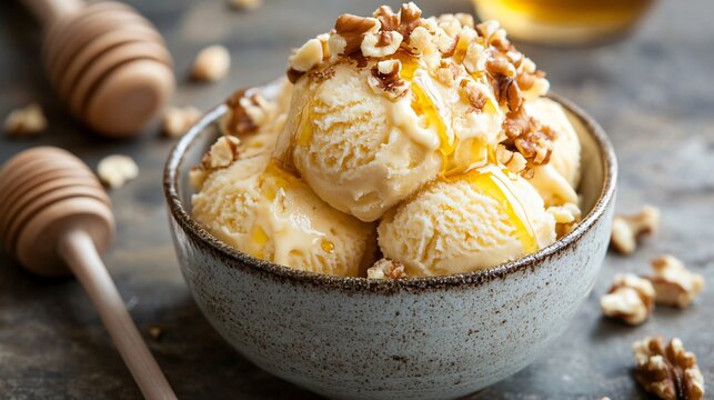 Rustic honeycomb gelato in a textured ceramic dish, with drizzled raw honey and crunchy walnut pieces, natural light photography