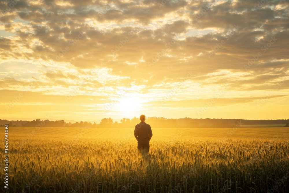 Poster silhouette of a farmer standing in a vast field at sunrise with golden light illuminating the horizo