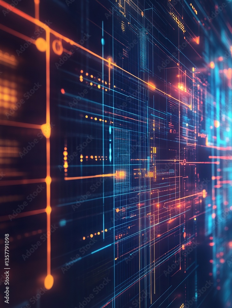 Poster abstract digital network technology background orange blue lines futuristic data grid modern design 