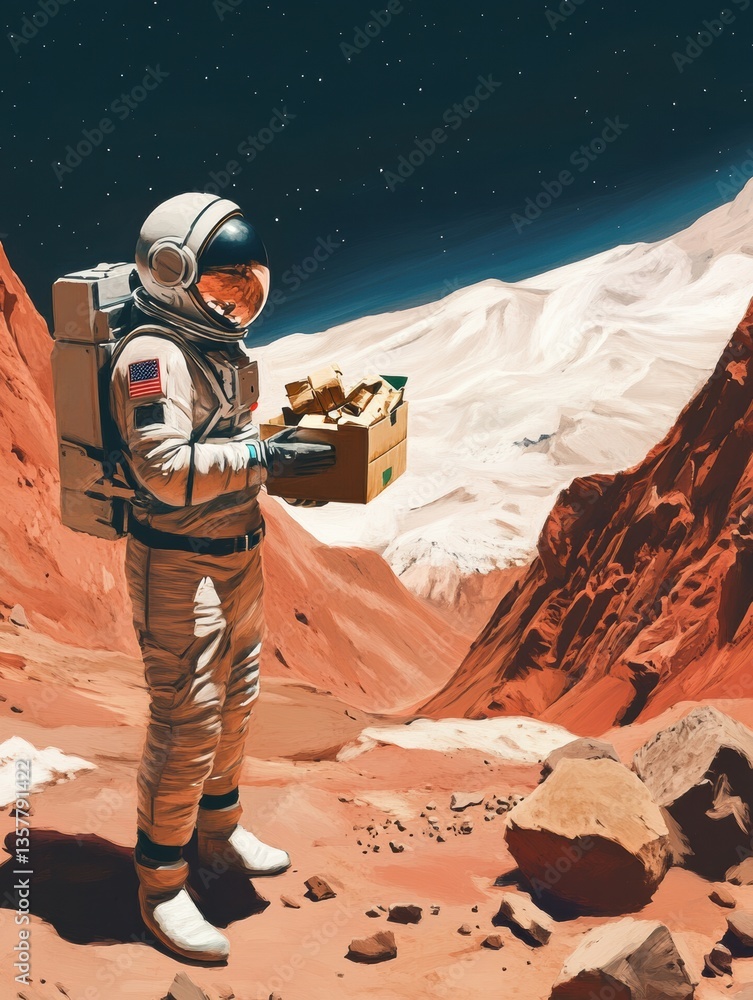 Poster futuristic astronaut receives delivery on mars in a surreal, space-themed landscape with red hills a