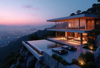 Fototapeta premium sleek modern villa panoramic skyline view luxurious architectural design contemporary aesthetics outdoor living space, architecture, building, landscape