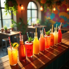 vibrant beverage display colorful straws captured lively background, smoothie, juice, drink, glass, bottle, refreshing, bright, cold, frost, fruit
