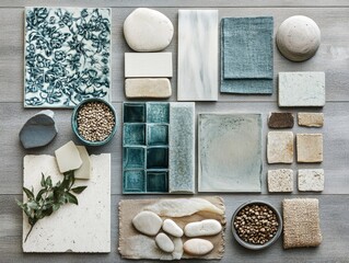 Interior design mood board showcasing various textures and colors for a calming, natural aesthetic.  Diverse samples of tiles, stones, fabrics, and botanical elements are displayed