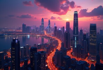 Fototapeta premium twilight city skyline vibrant lights urban landscape evening glow architecture silhouette reflection, building, construction, night, tower, metropolis