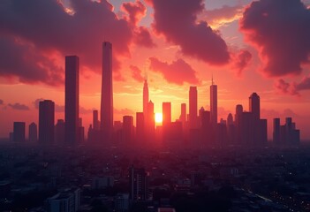 vivid colorful sunset urban skyline silhouette spectacular evening sky reflection, horizon, clouds, buildings, dramatic, light, outline, cityscape, shadows