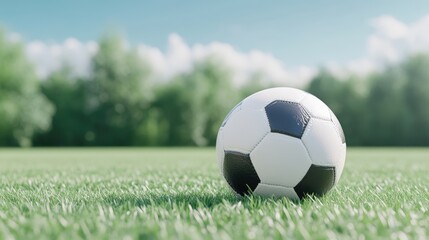 Soccer ball on a grassy field under a blue sky