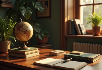 books stacked next vintage globe stylish stationery home office decor literature reading inspiration, paper, publishing, notebook, clipboard, pen, portfolio