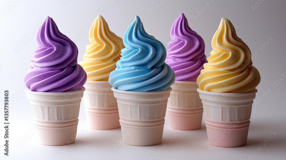 Poster collection of pastel colored soft serve ice cream swirls in cups arranged in a row against a neutral