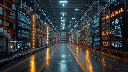 Modern warehouse environment demonstrates advanced inventory management solutions with digital displays, enhancing logistics efficiency for storage and freight operations.