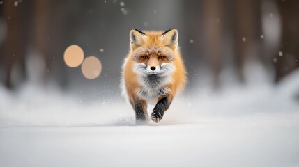 Red fox running in snow
