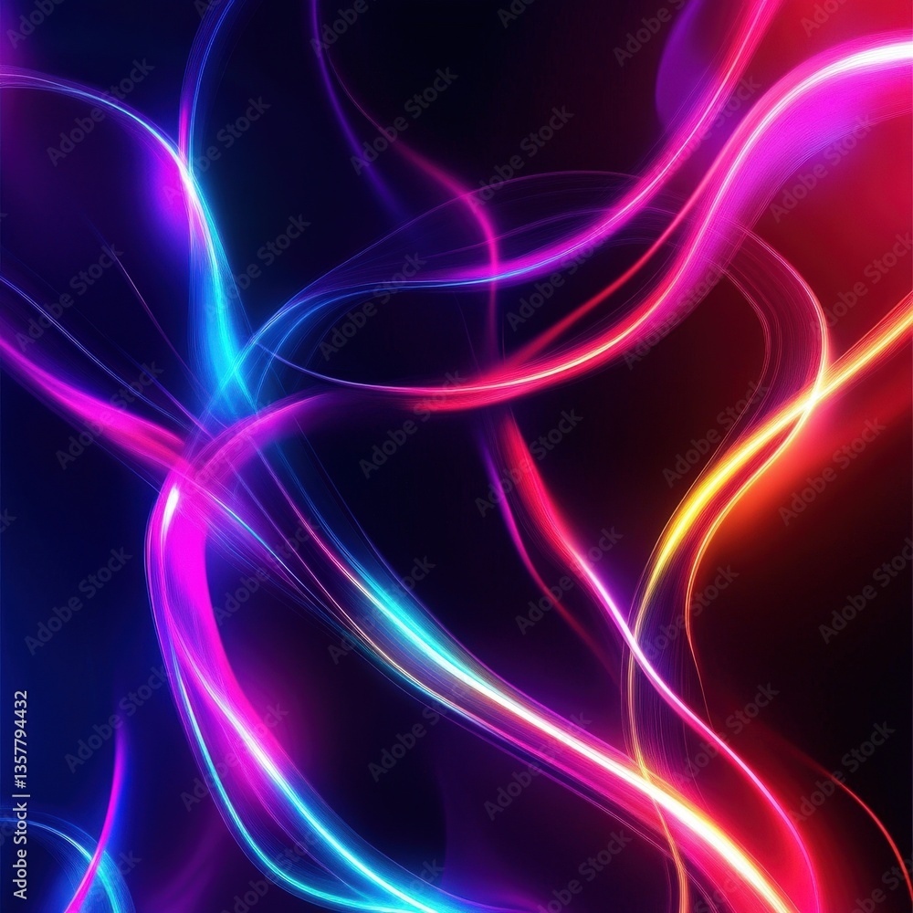 Poster abstract composition showing wavy and colorful light trails on a black background
