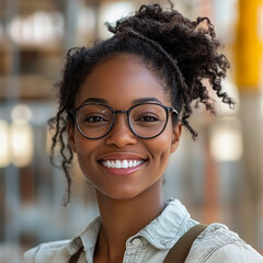 Obraz premium Young woman smiles while wearing glasses outdoors