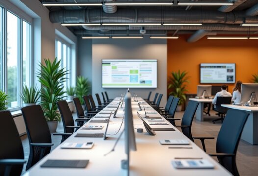 collaborative workspace modern design devices documents tech innovation efficient team communication, technology, office, furniture, tablet, laptop