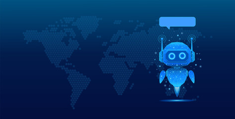 Artificial intelligence with global reach. Chatbots with a technological blue world map background. Global network technology concept © Nil