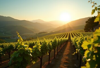 Fototapeta premium breathtaking vineyard landscapes featuring lush grapes glimmering morning dew expansive fertile terrains, aerial, agriculture, berries, beauty, backdrop