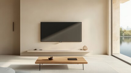 Fototapeta premium A clean minimalist living room with light beige walls and sleek furniture