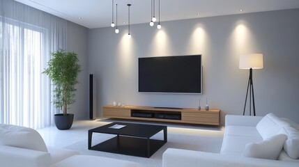 A clean, modern living room featuring white furniture and soft gray walls