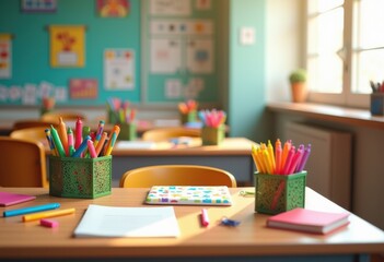 colorful classroom supplies vibrant fun desk arrangement stationery learning environment, pencil, notebook, ruler, eraser, marker, highlighter, paper, glue