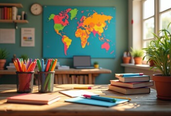 colorful school supplies vibrantly arranged desk midst creative study environment enhancing learning experience, stationery, pens, pencils, notebooks