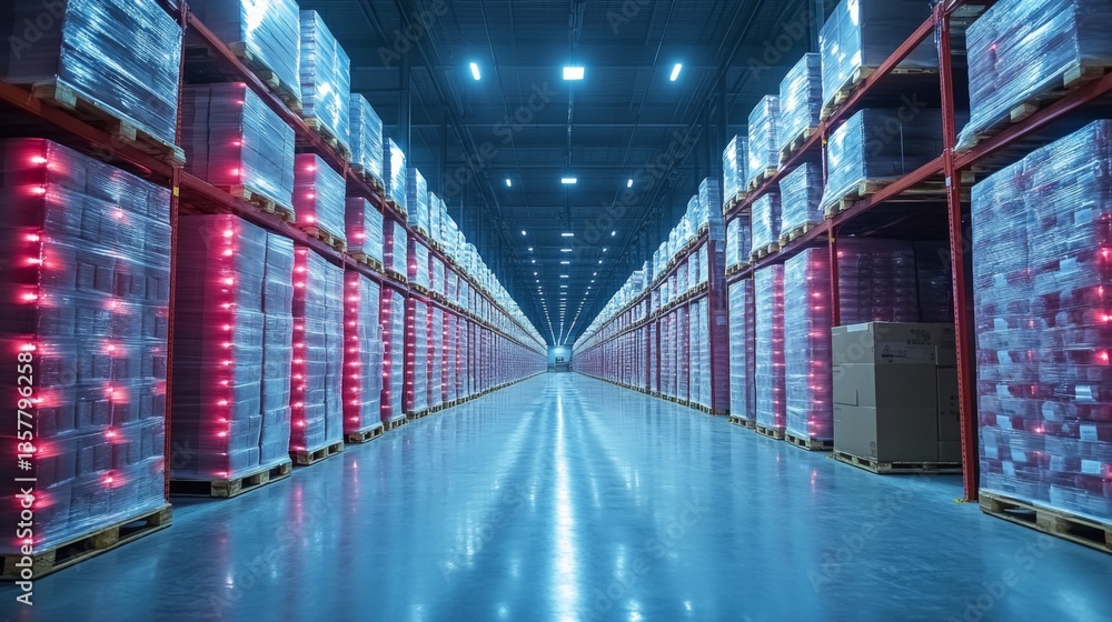 Poster rows of pallets stacked with freight and cargo fill the long aisle of a logistics warehouse, illumin