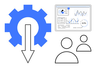 Gear with downward arrow representing workflow efficiency, analytical dashboard showing graphs and charts, and two team members. Ideal for teamwork, data analysis, productivity, strategy, process