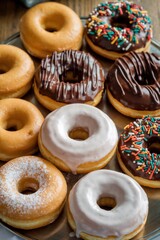 Delicious assortment of freshly made donuts with various toppings on a silver platter